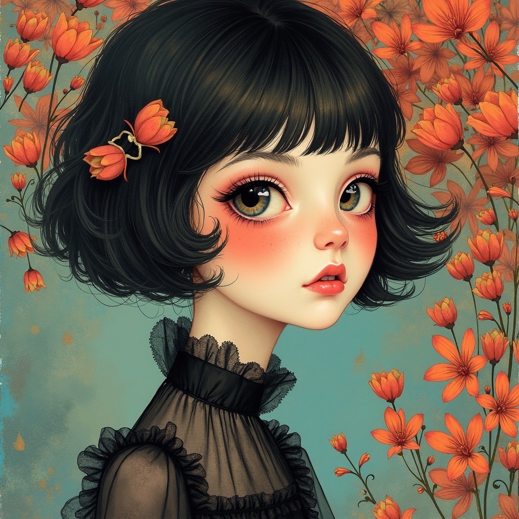 Portrait of a Girl with Dark Hair and Orange Flowers