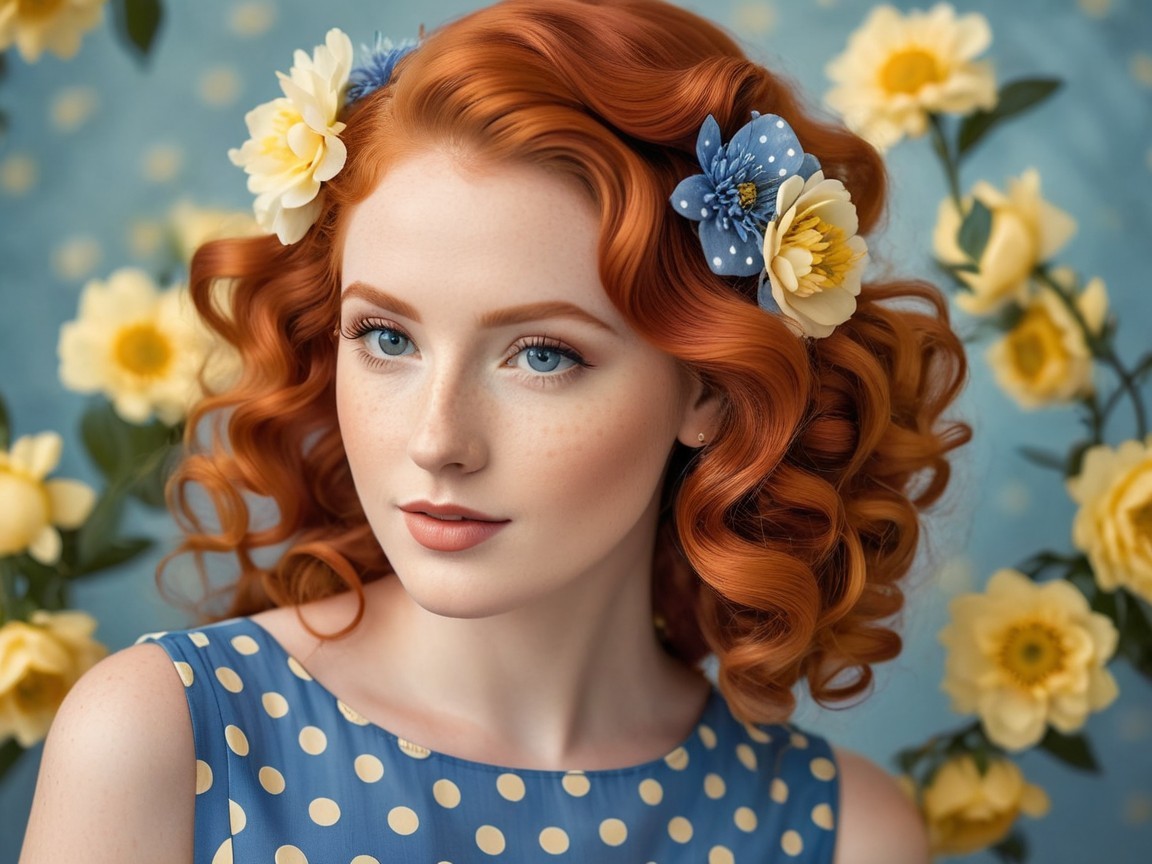 Young Woman with Red Hair Surrounded by Flowers