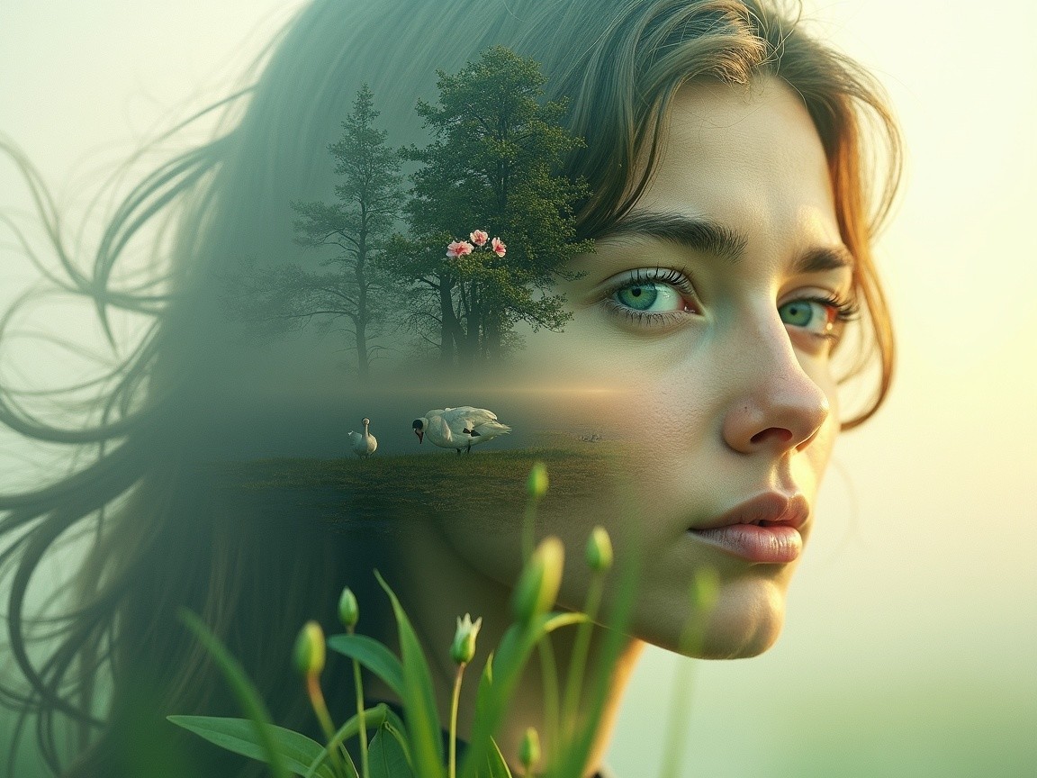 Serene Woman with Green Eyes in Natural Landscape