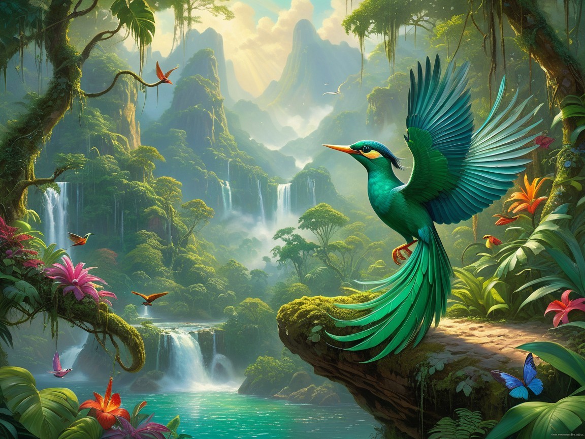 Lush Rainforest with Waterfalls and Vibrant Wildlife