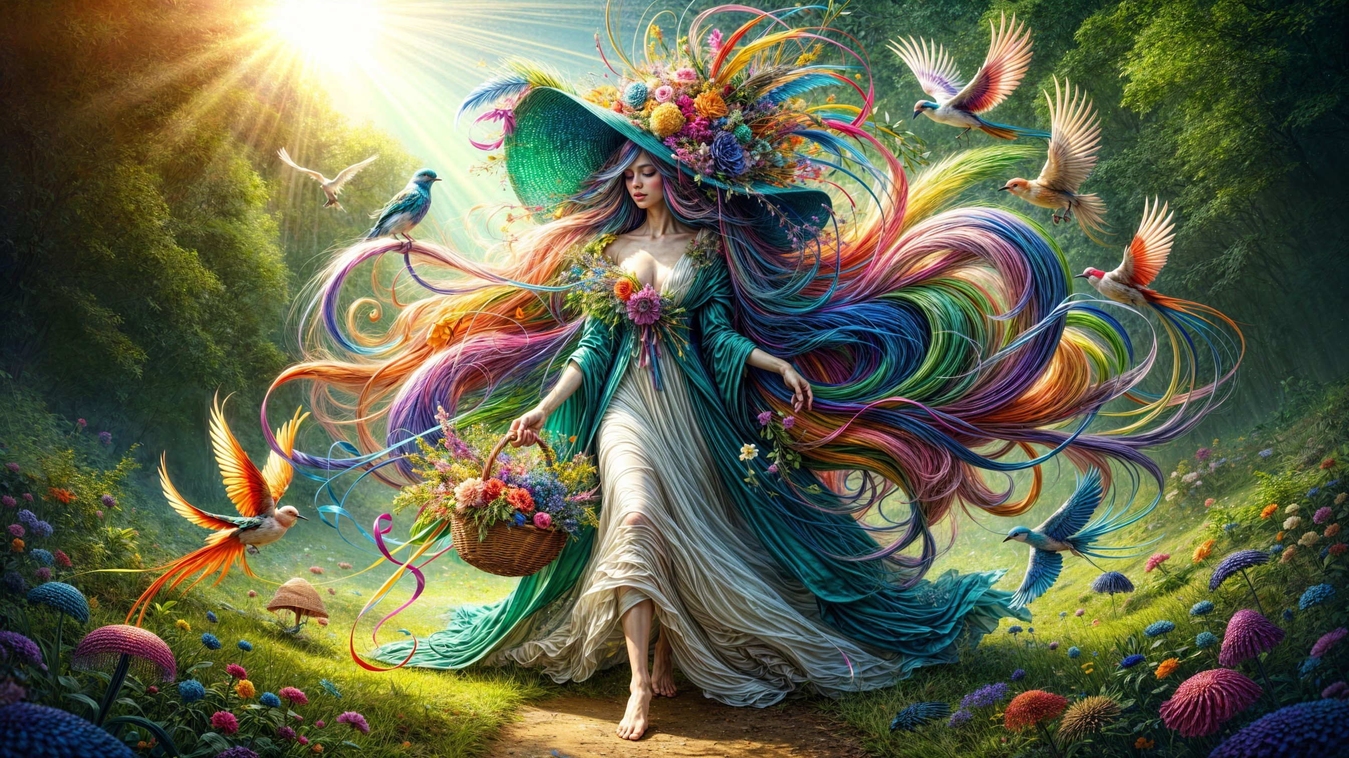 Ethereal Figure in Vibrant Forest with Colorful Flora