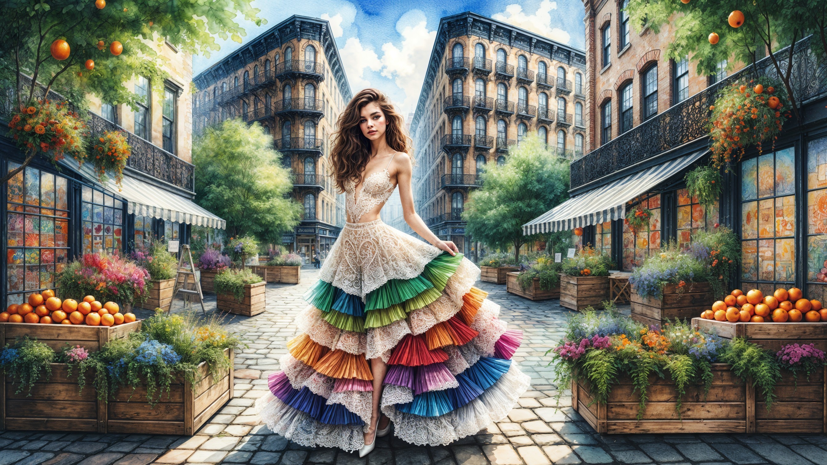 Colorful Street Scene with Elegant Dress and Flowers