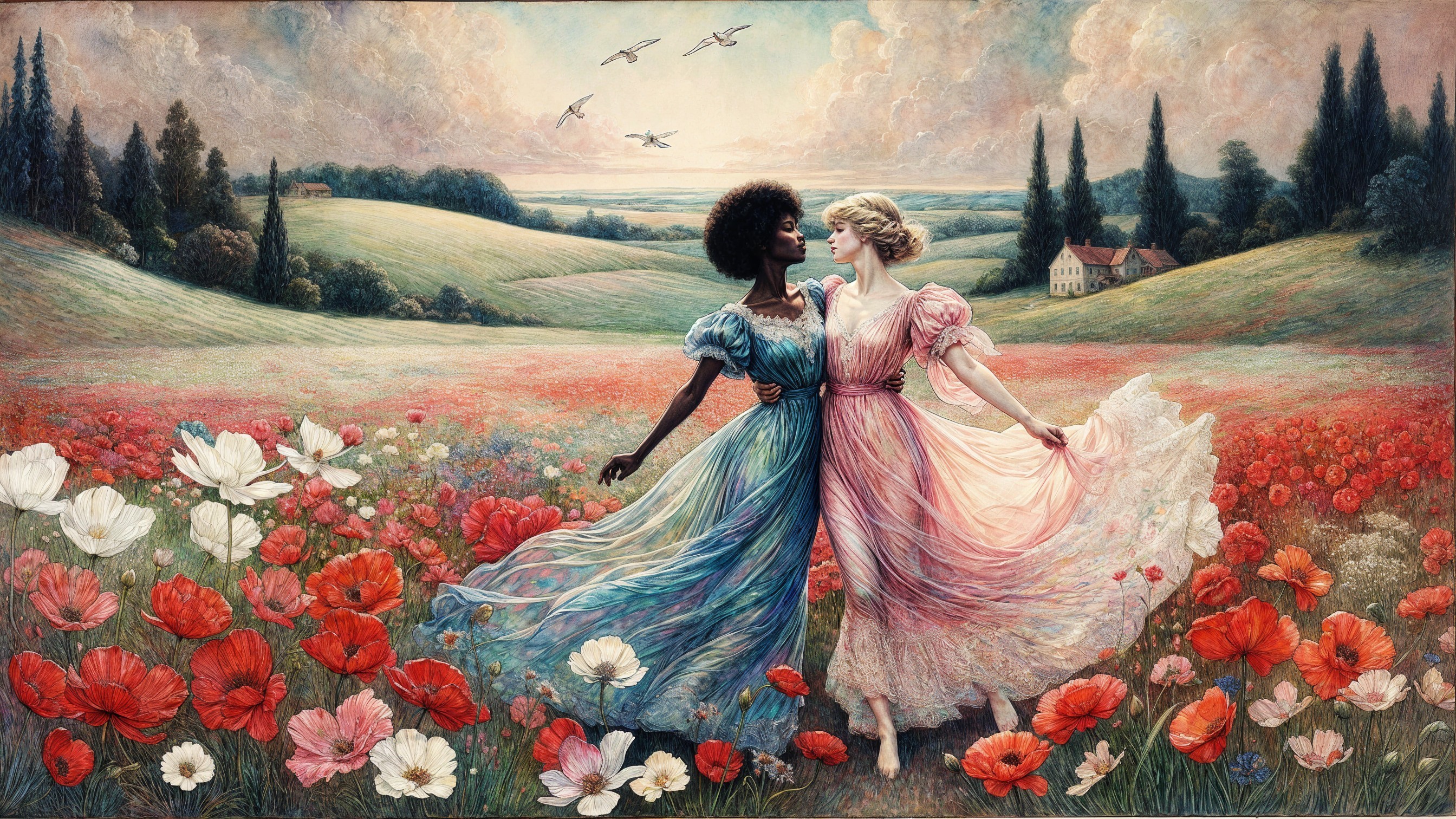 Elegant women dancing in a flower-filled field