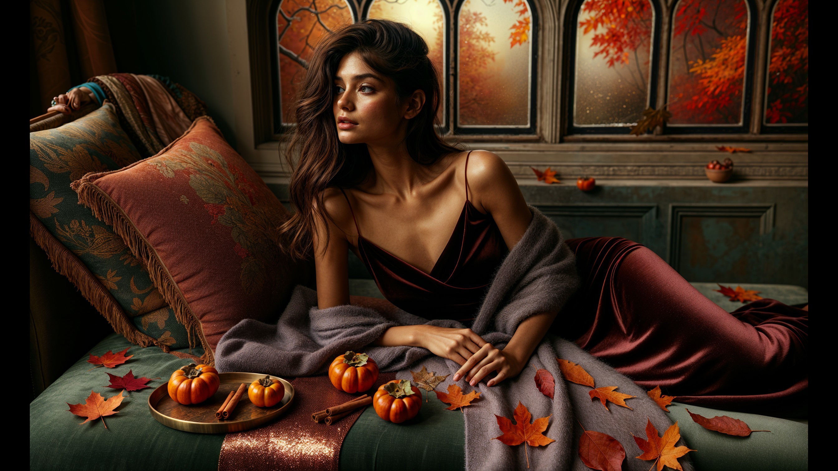 Elegant Woman in Burgundy Dress Amid Autumn Decor