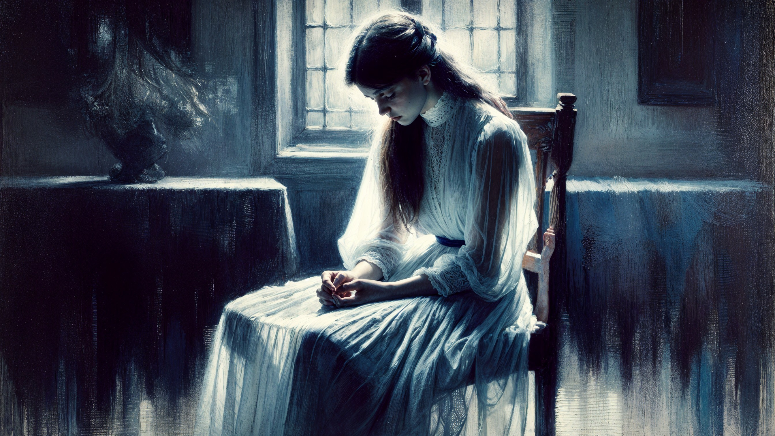 Young Woman in White Dress in Dimly Lit Room