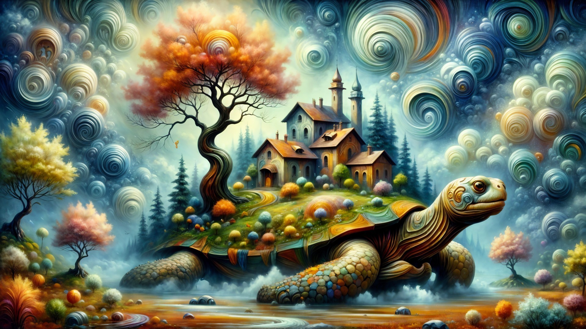 Turtle with Whimsical House in Dreamlike Landscape
