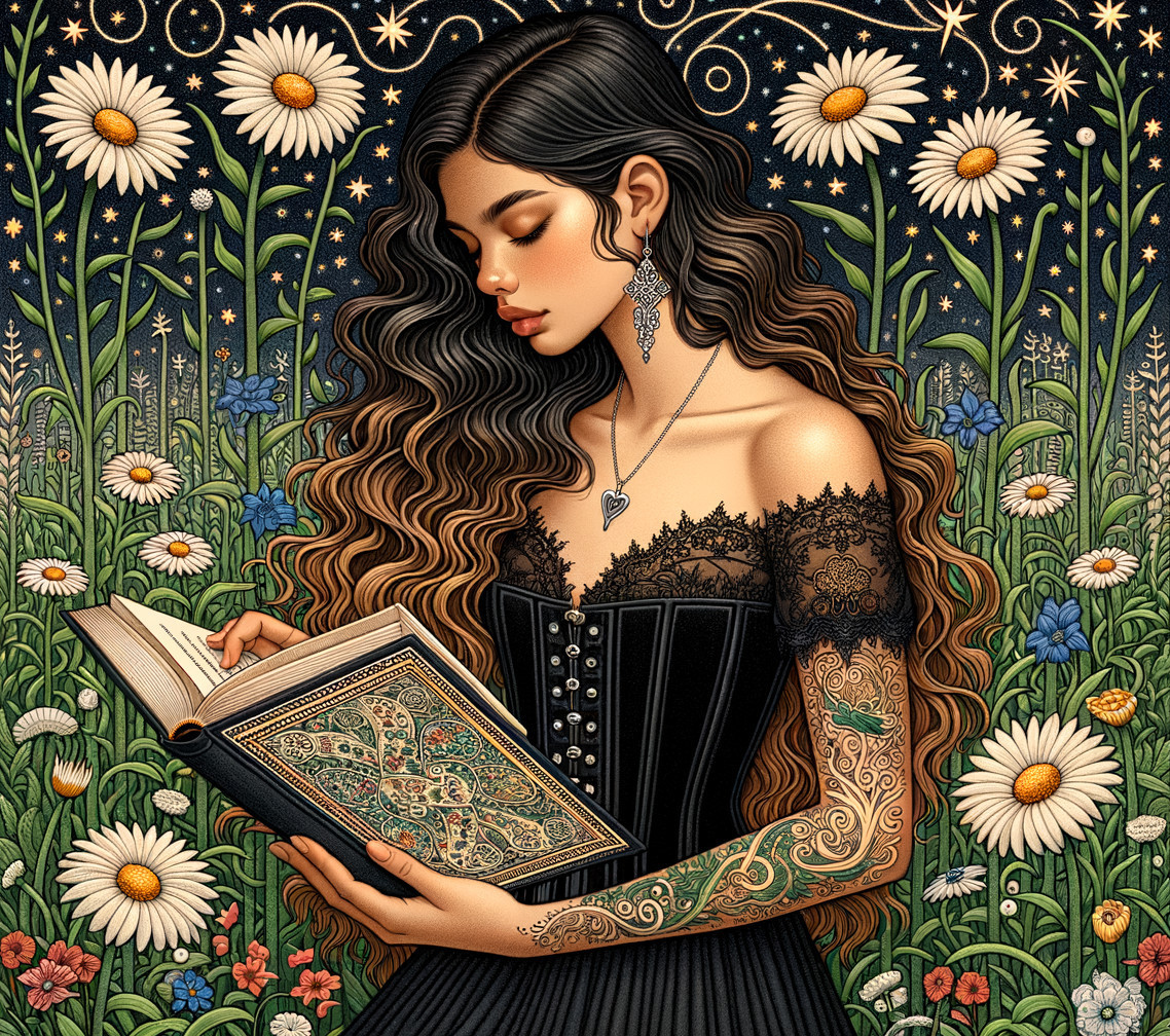 Young Woman in Floral Setting with Open Book