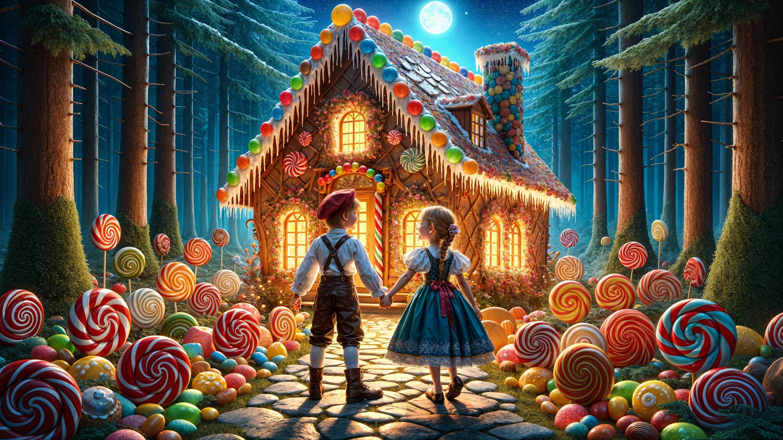 Whimsical Night Scene with Gingerbread House and Children