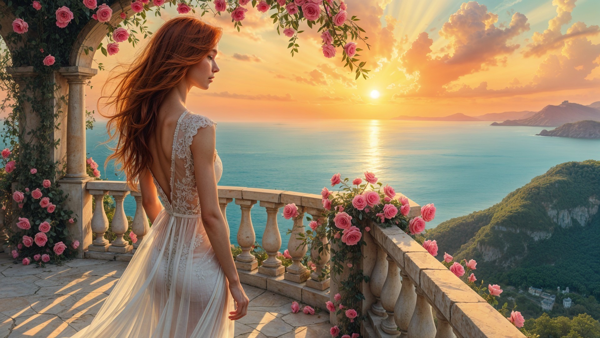 Woman in Lace Gown at Sunset Over Ocean Balcony