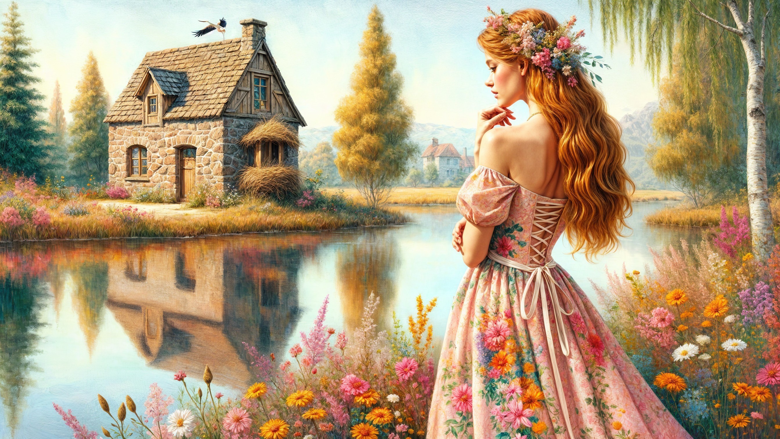 Serene Pond Scene with Floral Gown and Cottage