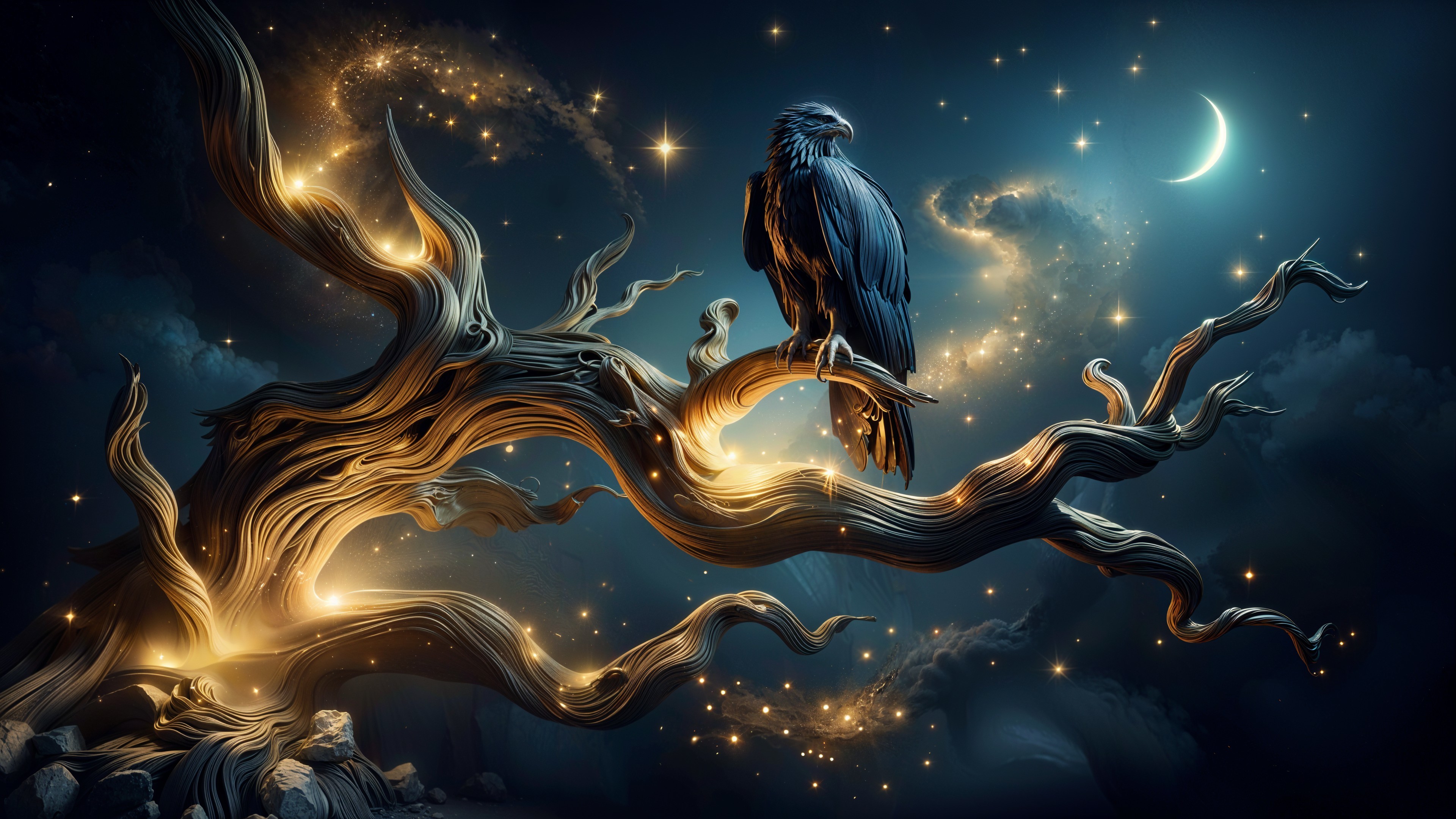 Griffin-Eagle Hybrid on Gnarled Tree Under Night Sky