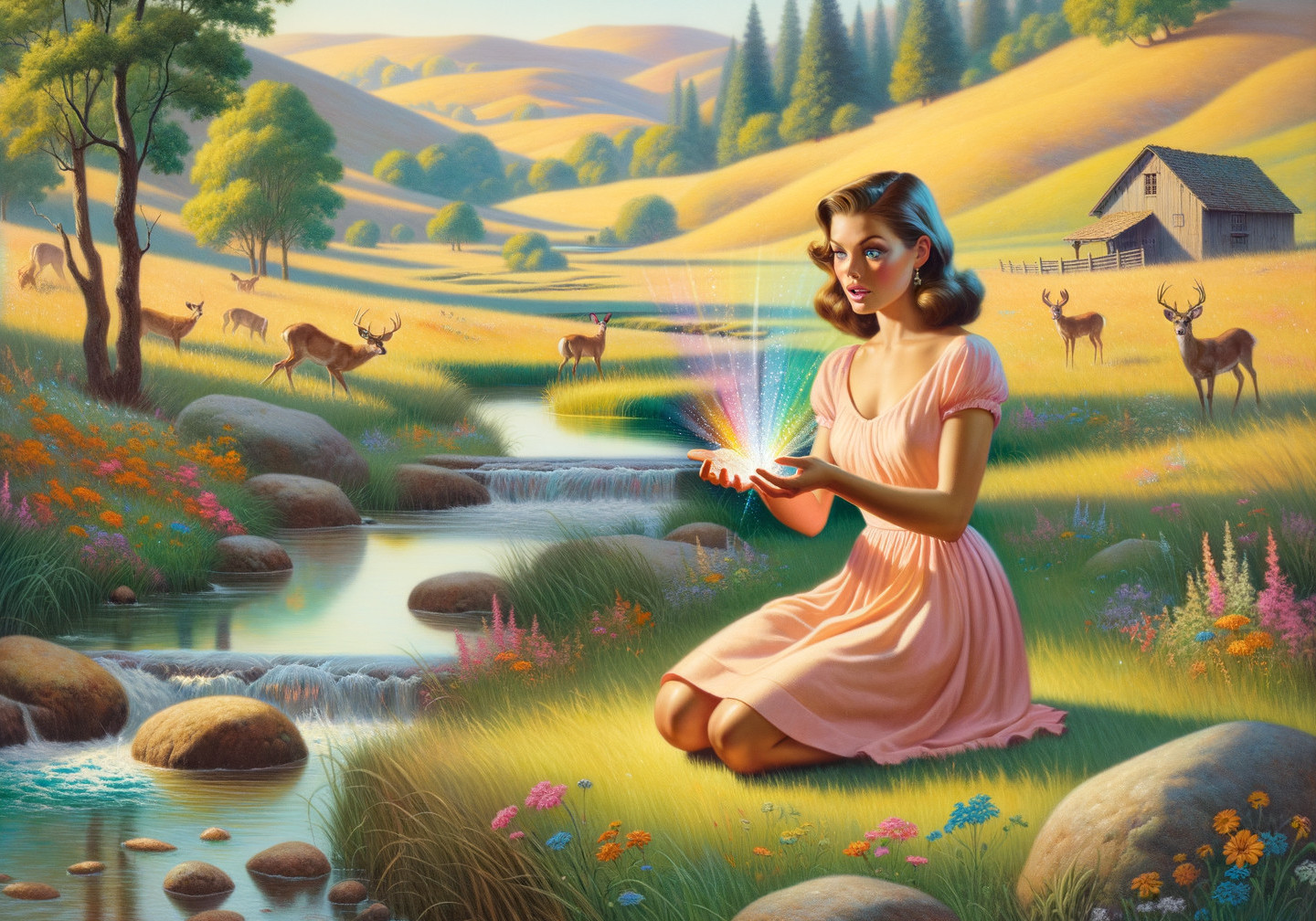 Young Woman in Pink Dress by Sparkling Stream