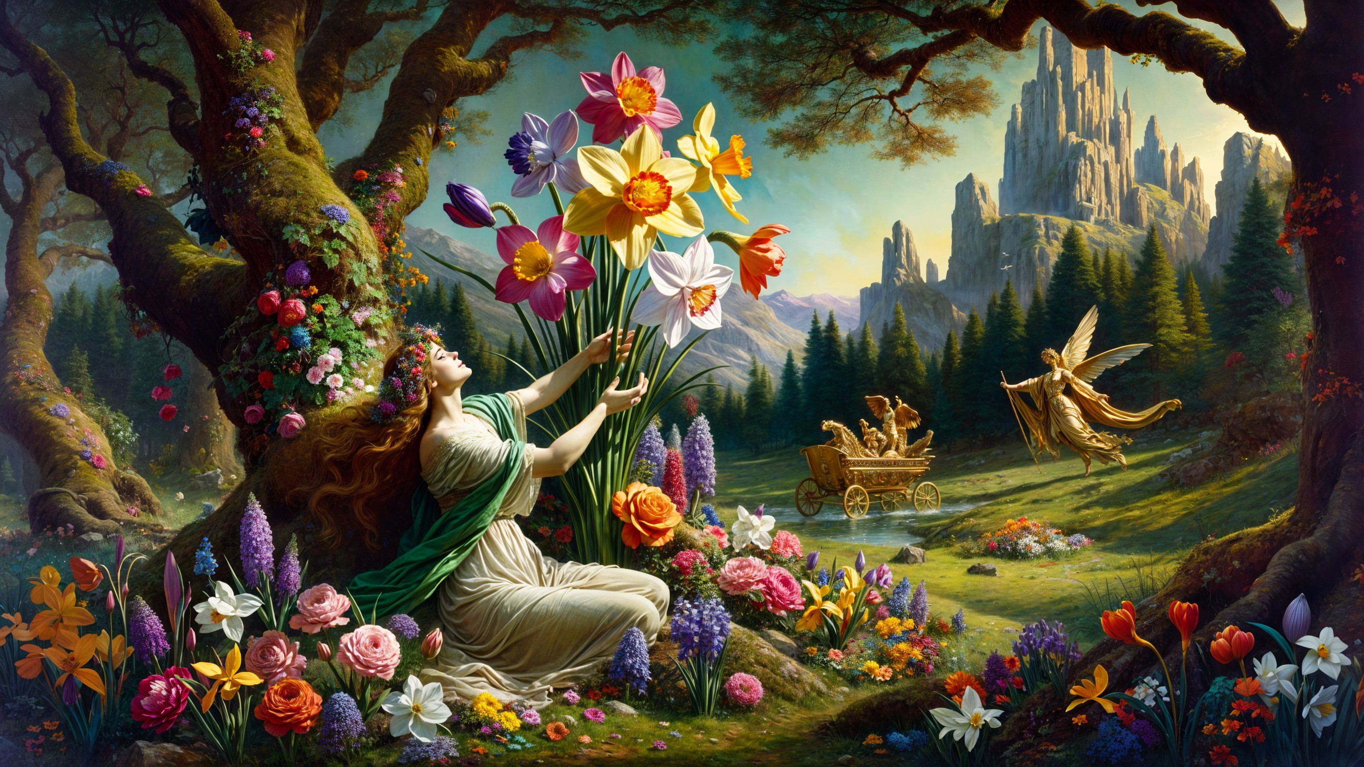 Mythical Landscape with Flowers and Enchanted Chariot