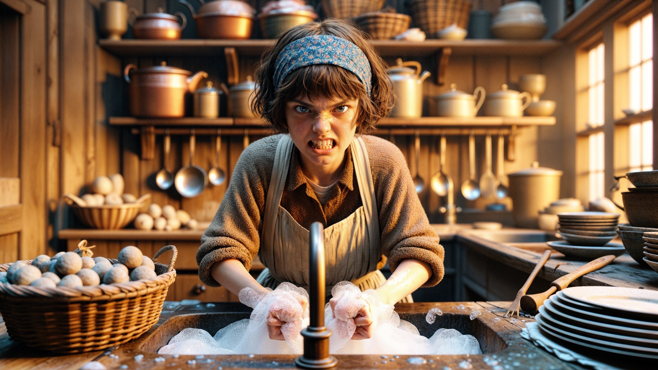 Young Woman Scrubbing Dishes in Rustic Kitchen Setting