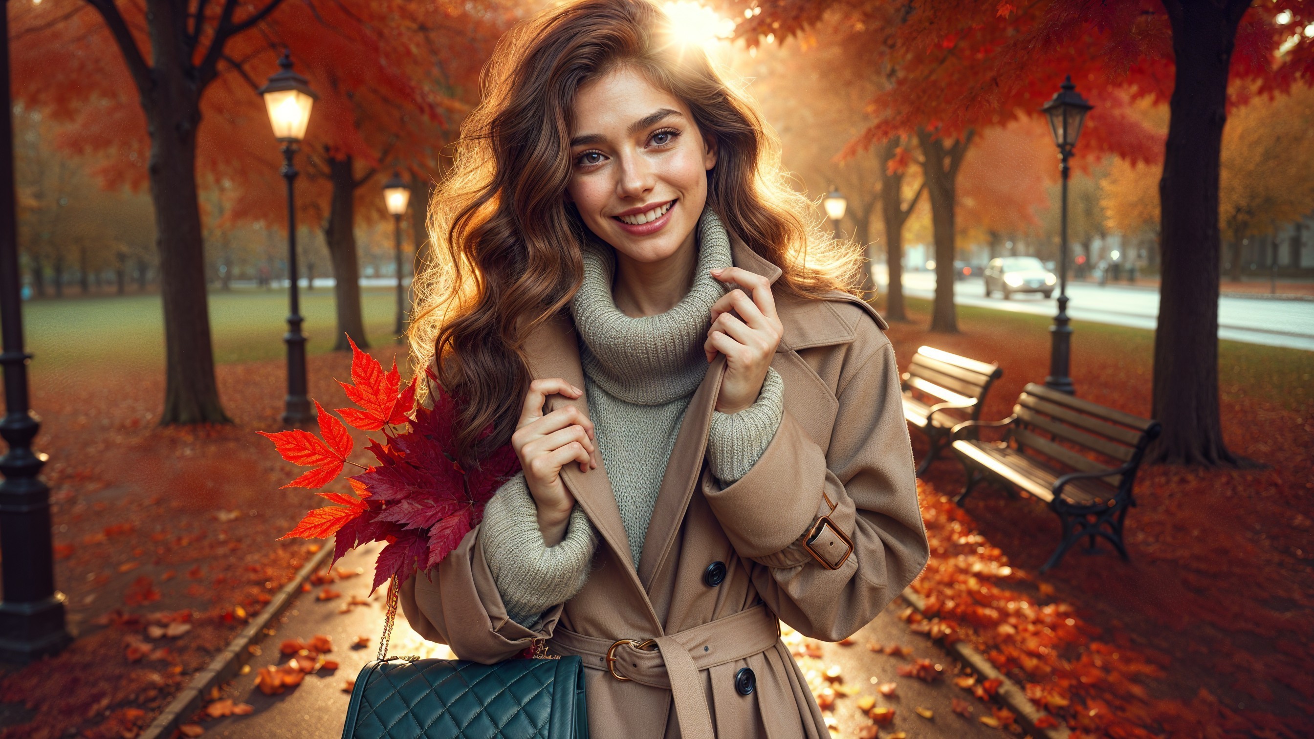 Young woman in autumn park with colorful foliage