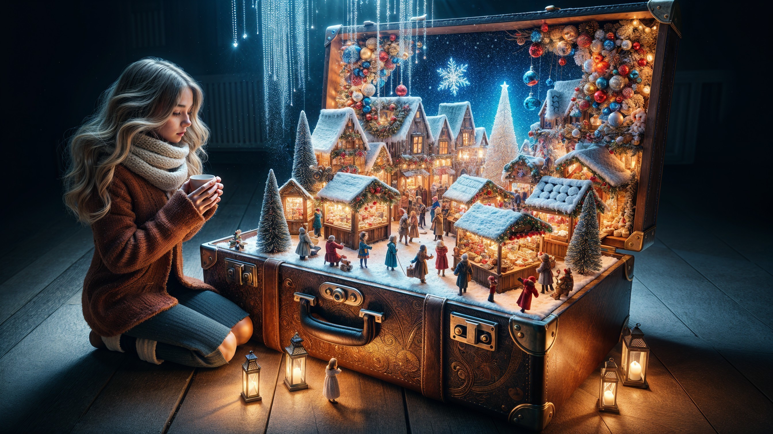 Whimsical Winter Village Scene with a Young Girl