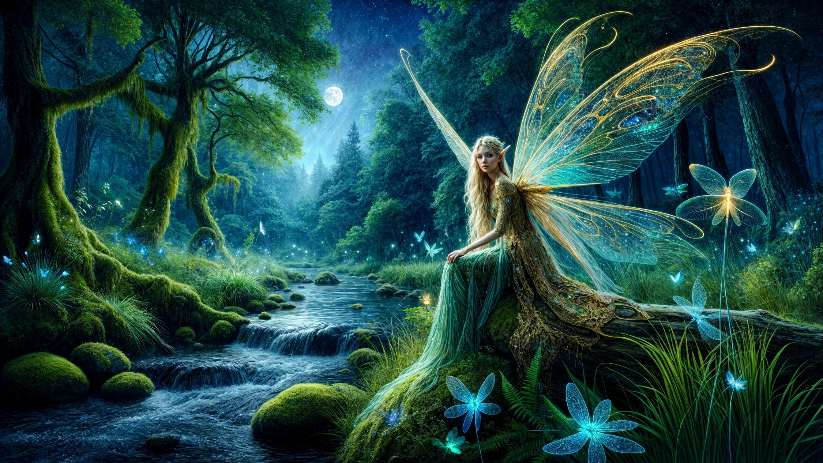 Fairy in a Mystical Forest by a Shimmering Stream