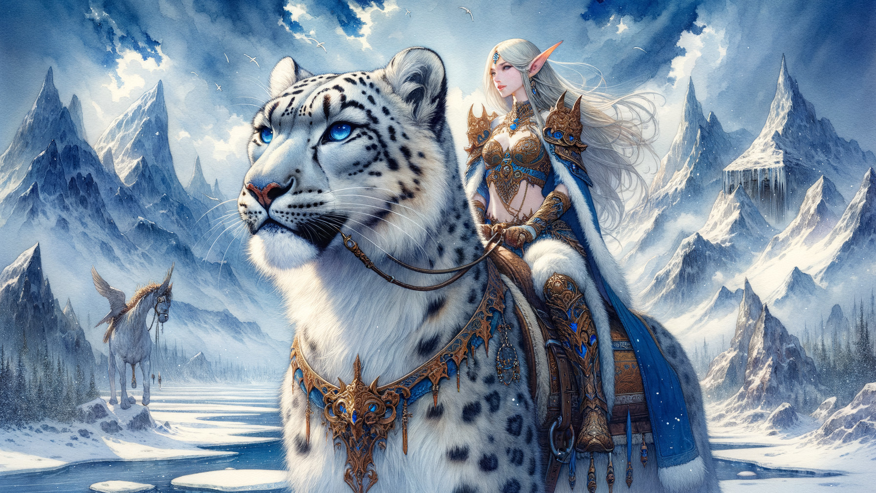 Elf on White Tiger in Icy Landscape with Mountains