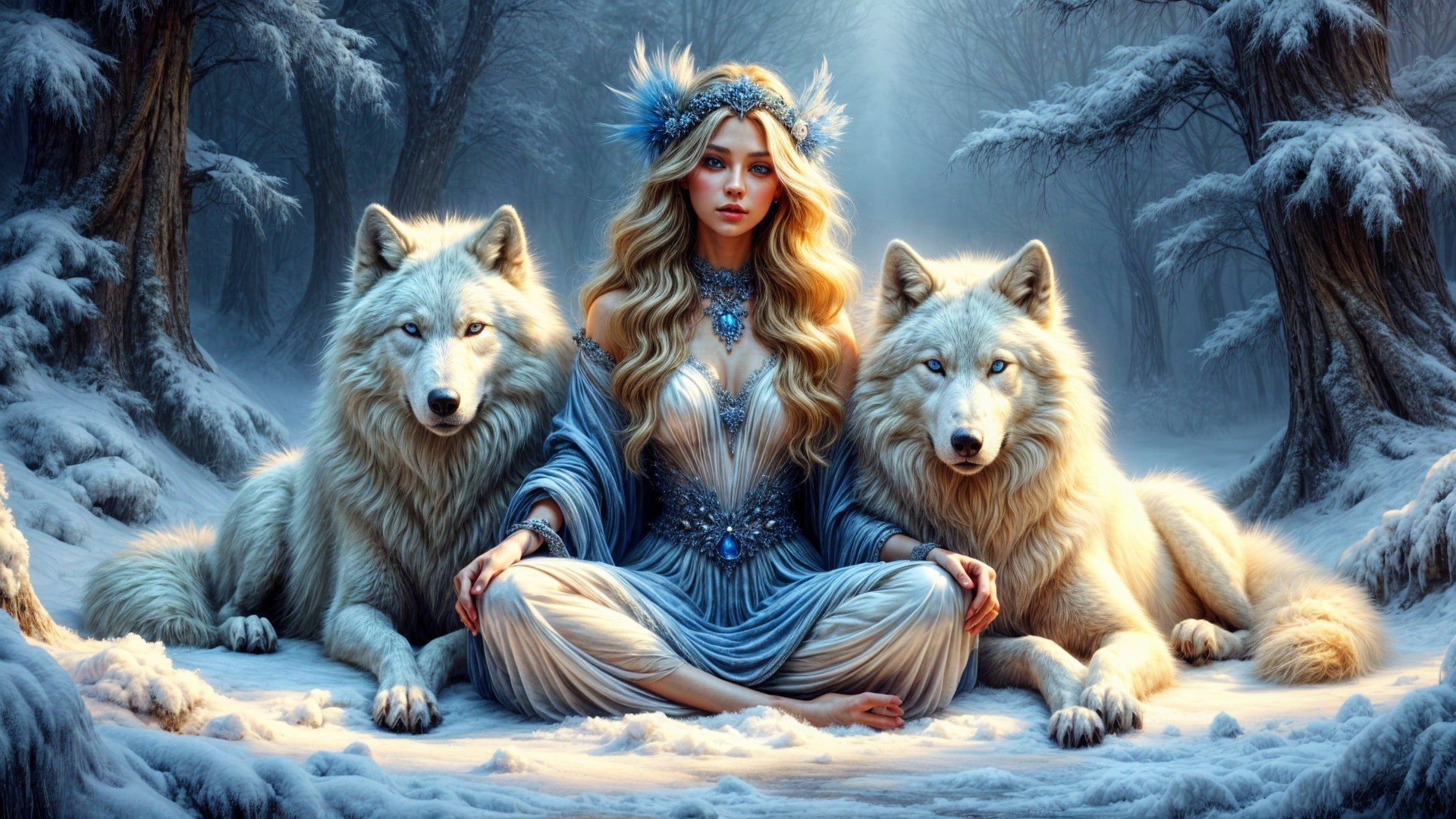 Mystical Woman in Snowy Forest with White Wolves
