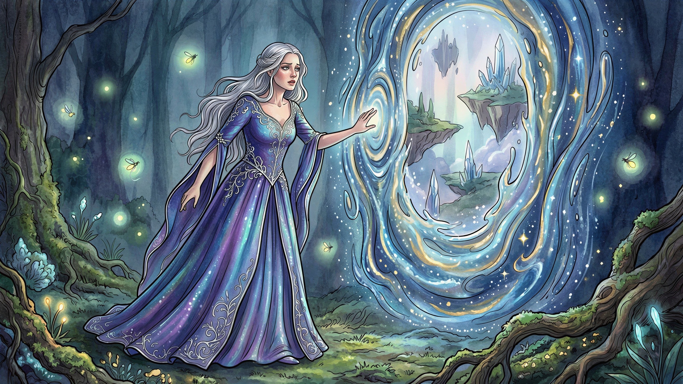 Young woman in gown near mystical portal in forest