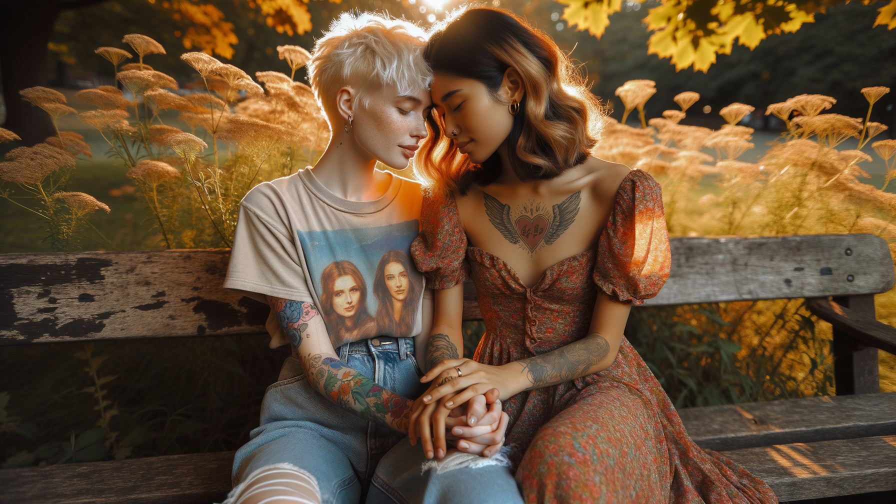Women on a bench in golden foliage, sharing intimacy