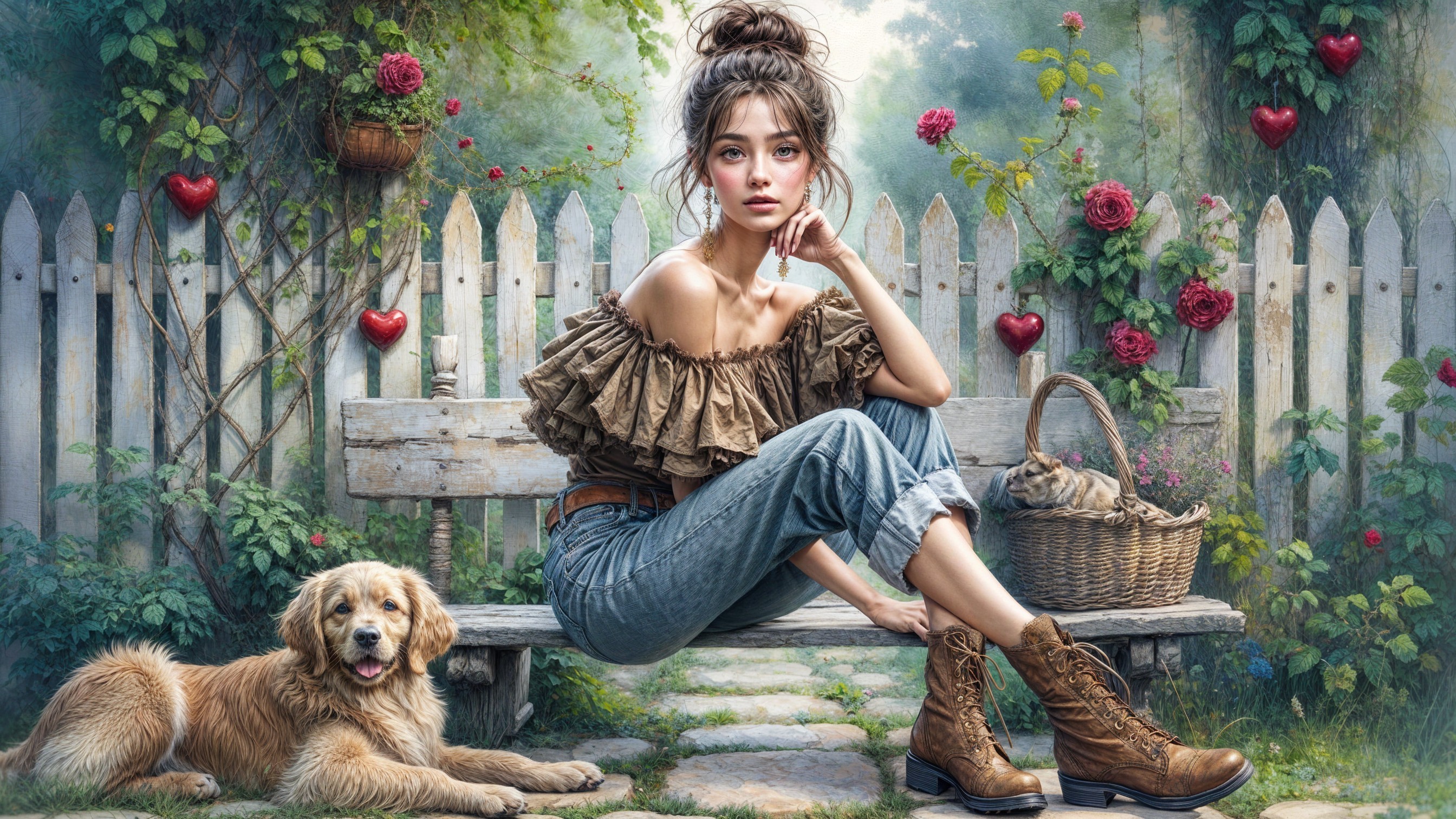 Young Woman in Garden with Pets and Heart Decorations