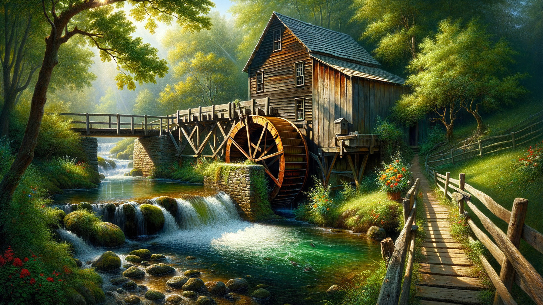Wooden watermill by a serene stream with greenery