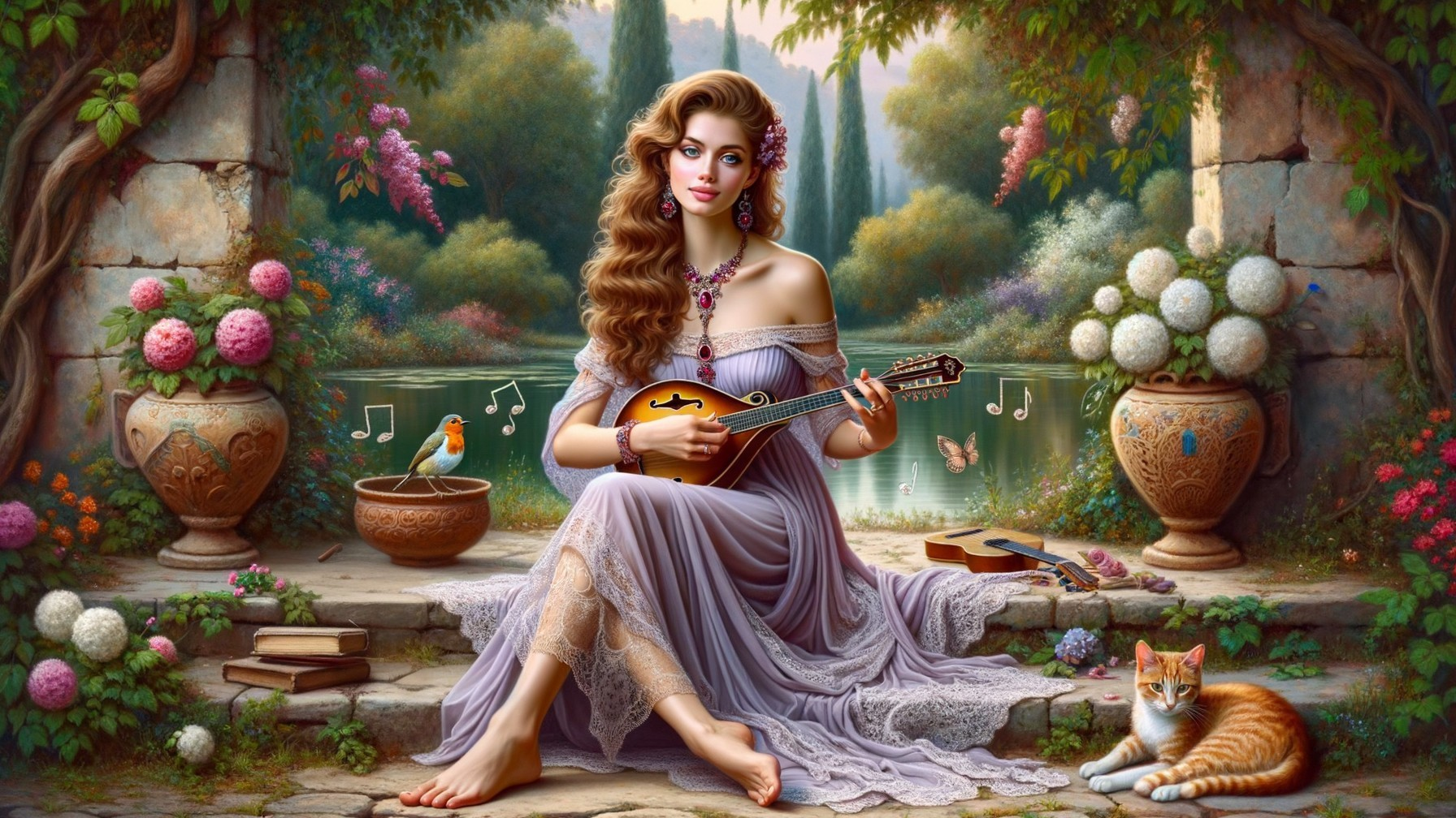 Woman in Lavender Dress Plays Mandolin in Garden