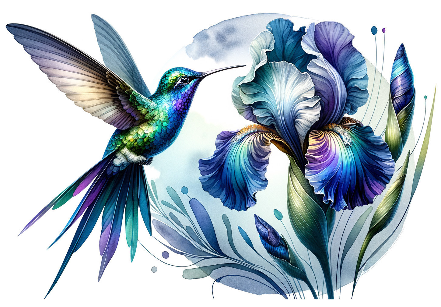 Colorful Hummingbird and Iris Flower Composition