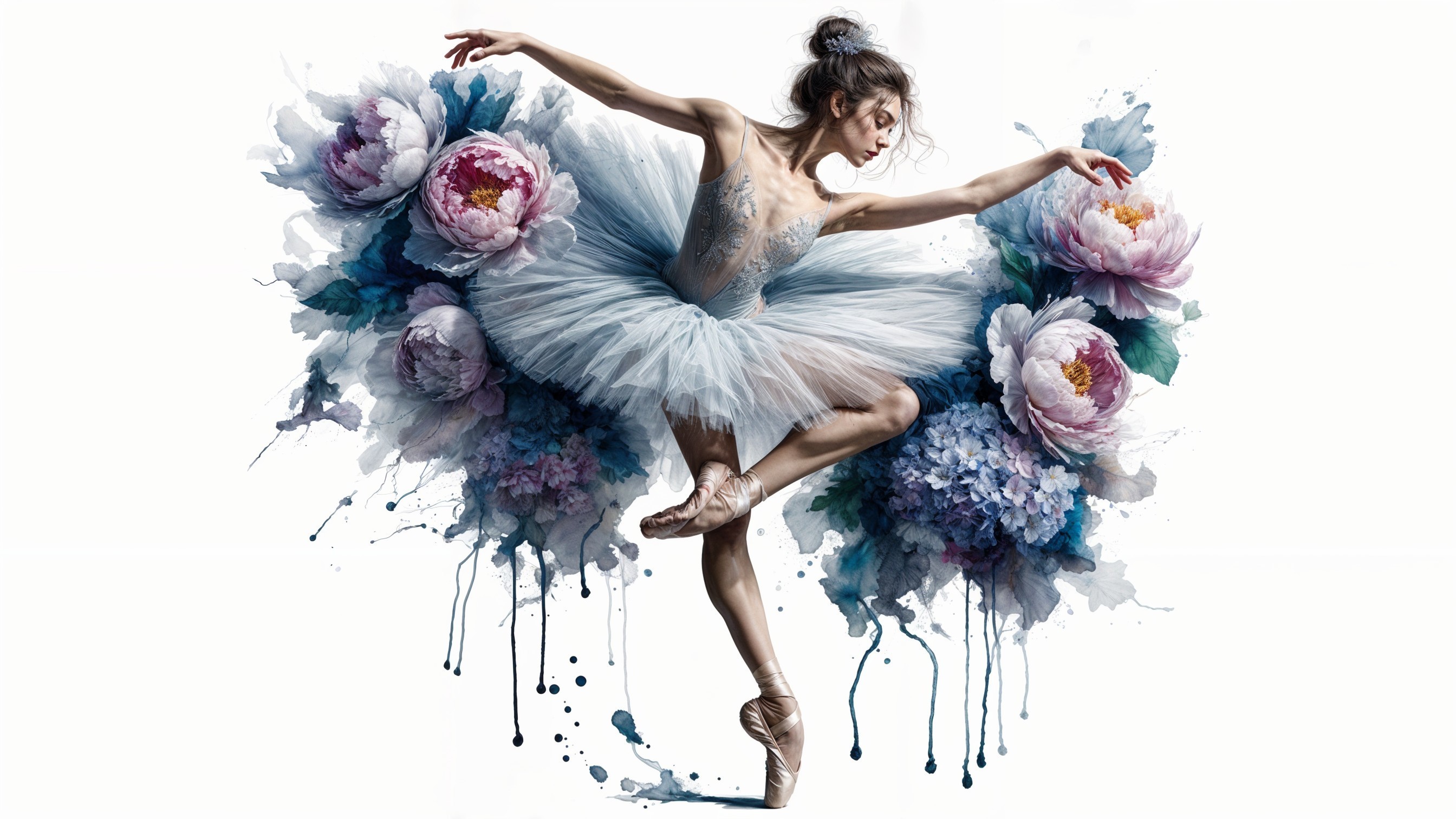 Ballet Dancer in Tutu Surrounded by Watercolor Flowers