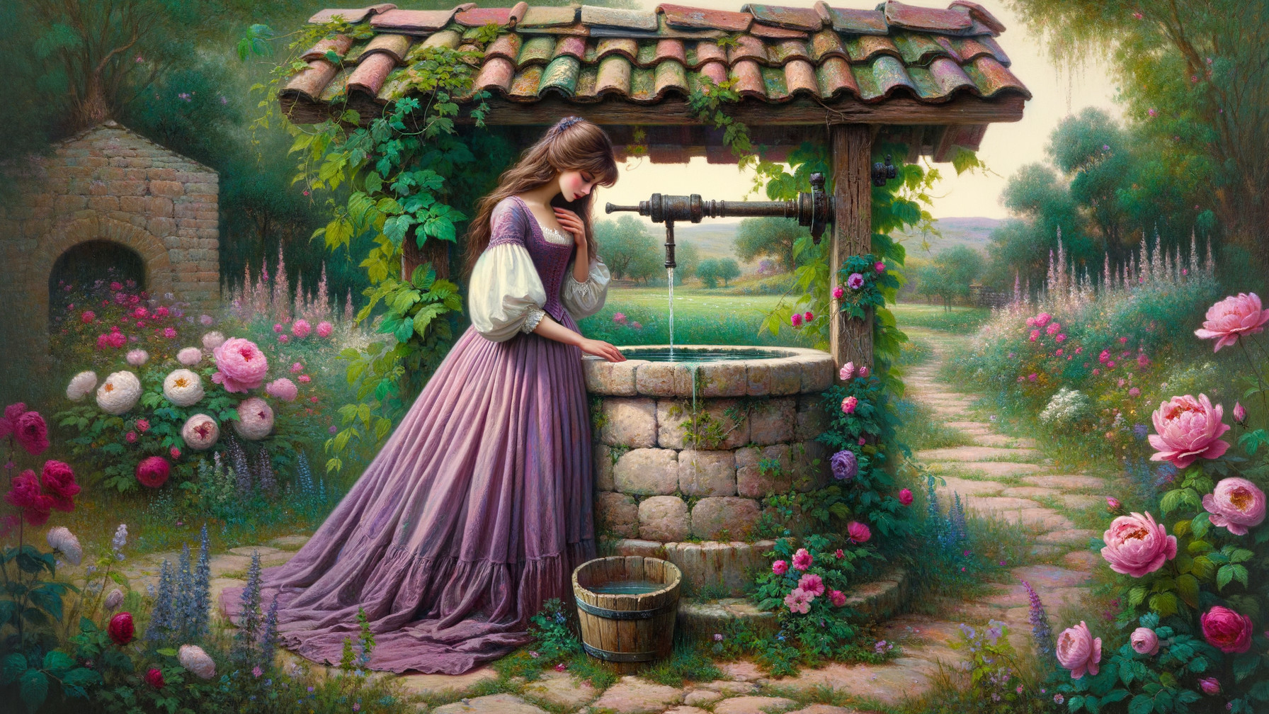 Young Woman in Lavender Dress by a Stone Well