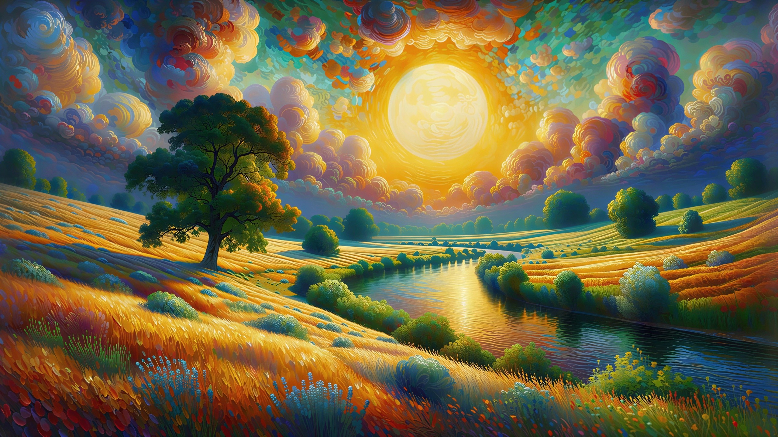 Impressionistic Painting of Sunset Over Rolling Landscape
