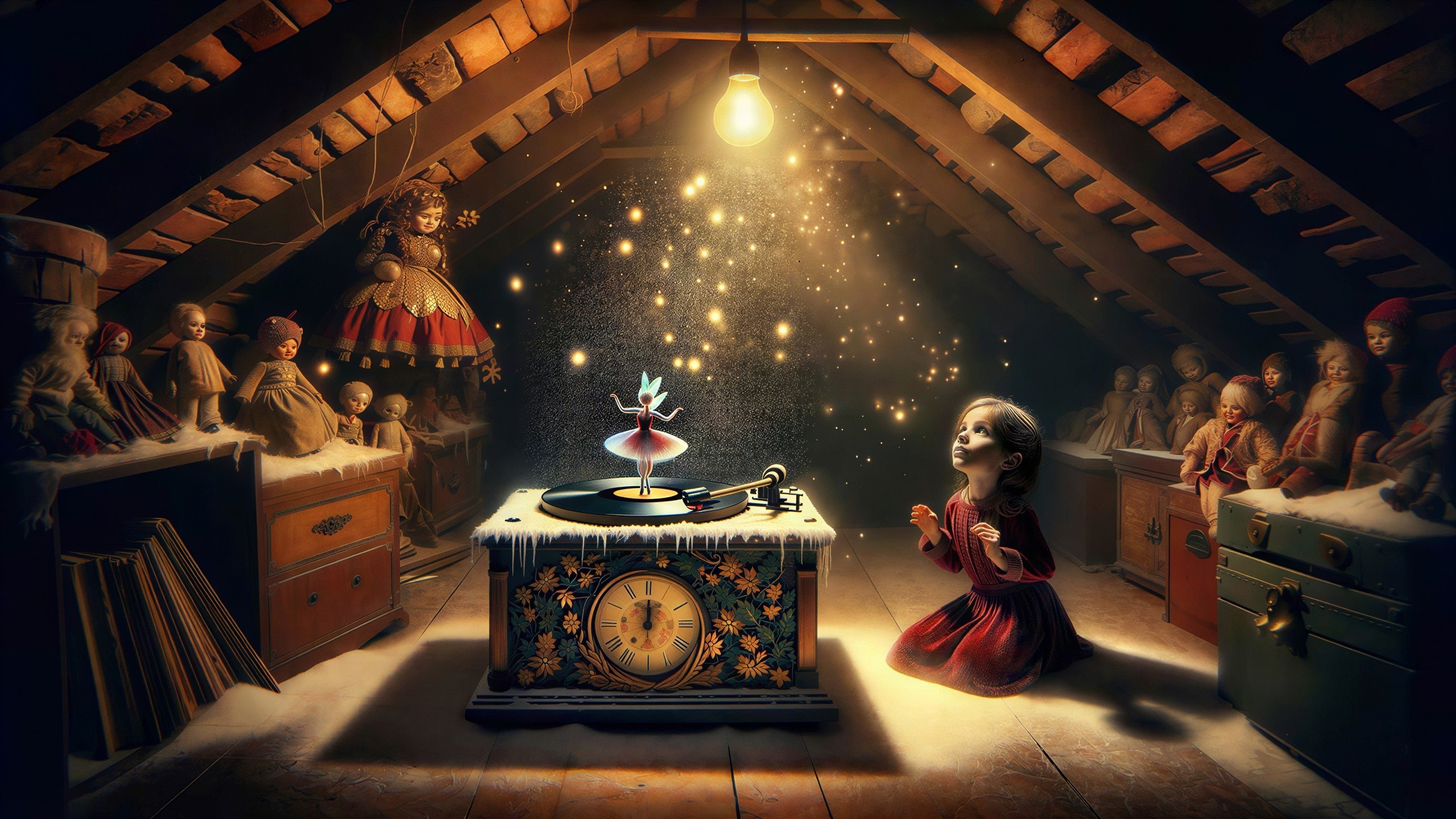 Fantastical Painting of Girl in Attic with Phonograph