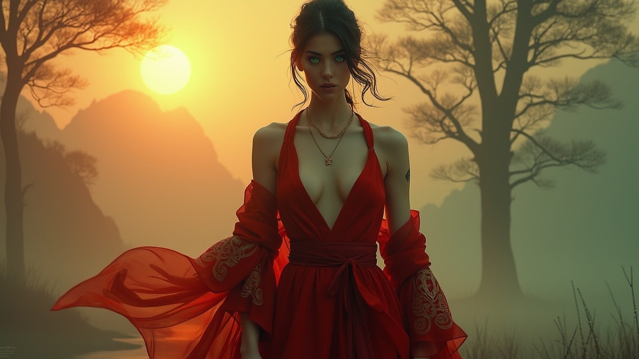 Figure in Red Gown Against Luminous Sunset Landscape