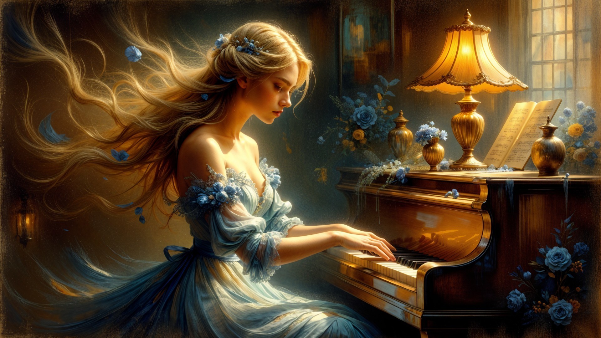 Young Woman in Blue Gown at Grand Piano in Soft Light