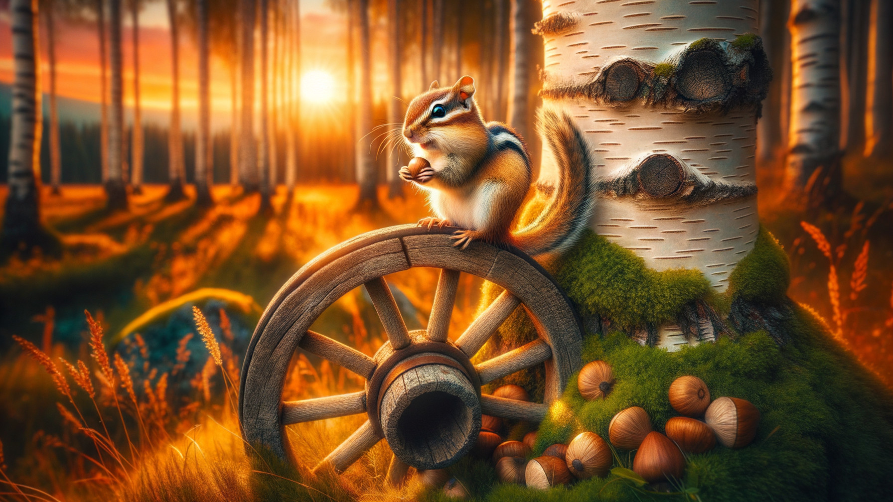 Chipmunk on Wooden Wheel in Tranquil Forest Scene