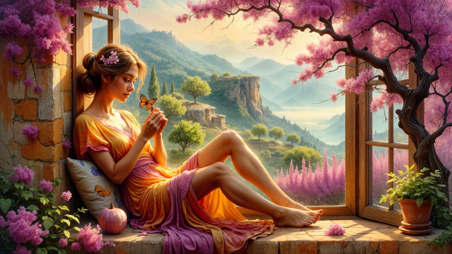 Young woman by window with butterfly and landscape view