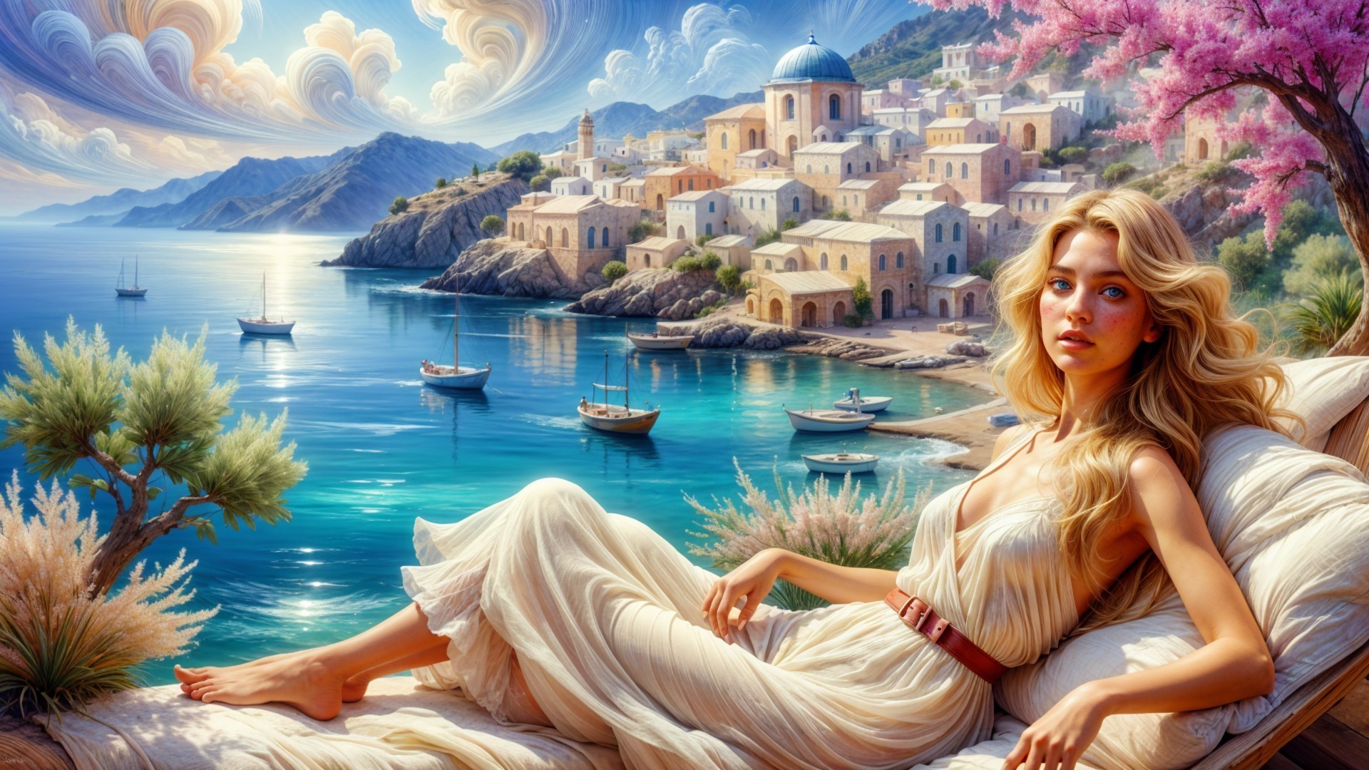Serene Coastal Scene with Woman and Colorful Villas
