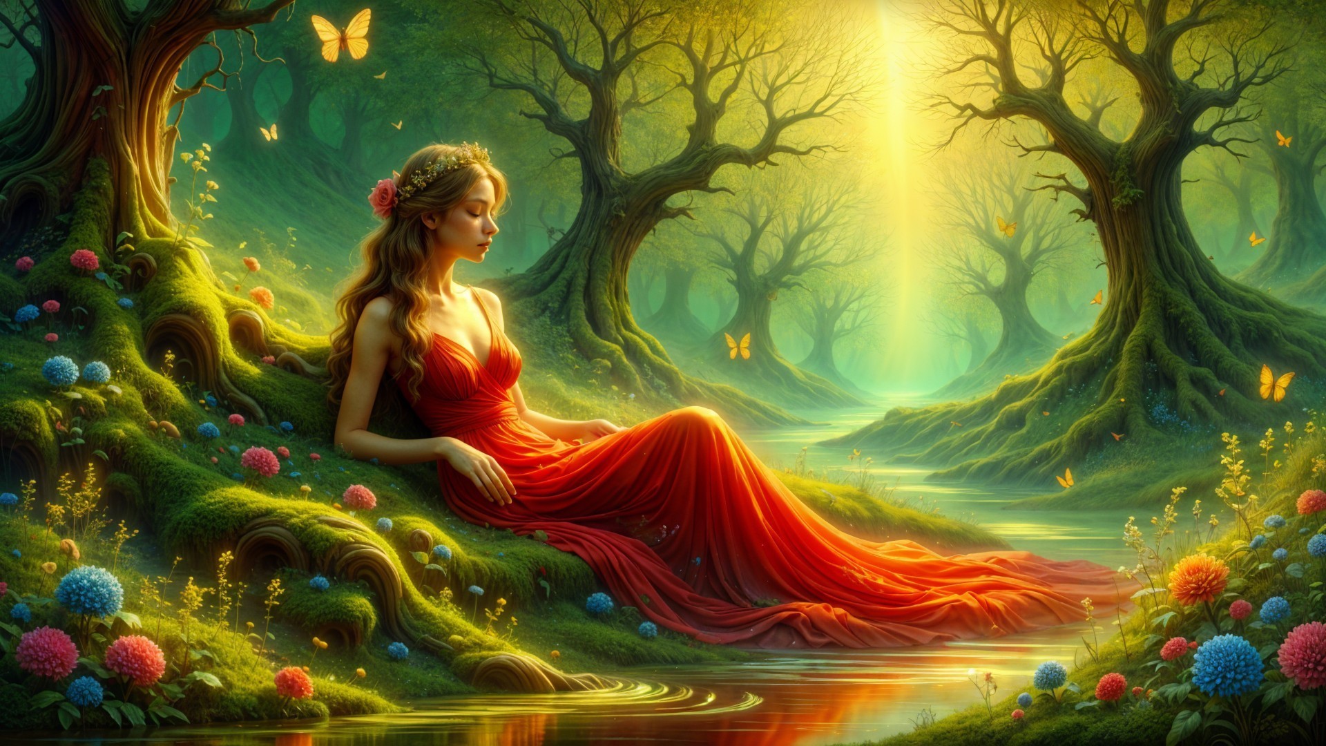 Woman in Red Dress by Tranquil Stream in Nature