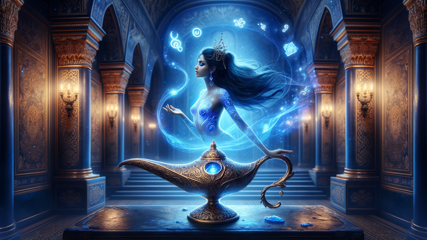 Ornate Room with Mystical Figure and Aladdin's Lamp