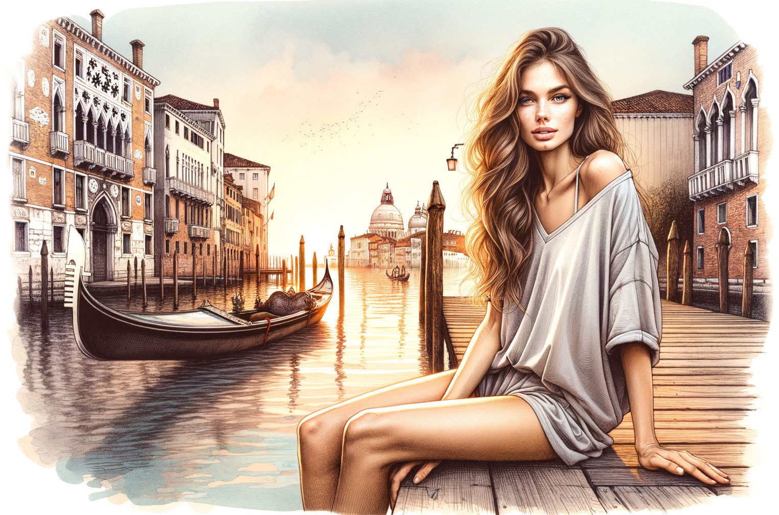 Young Woman on Dock by Canal in Venice at Sunset