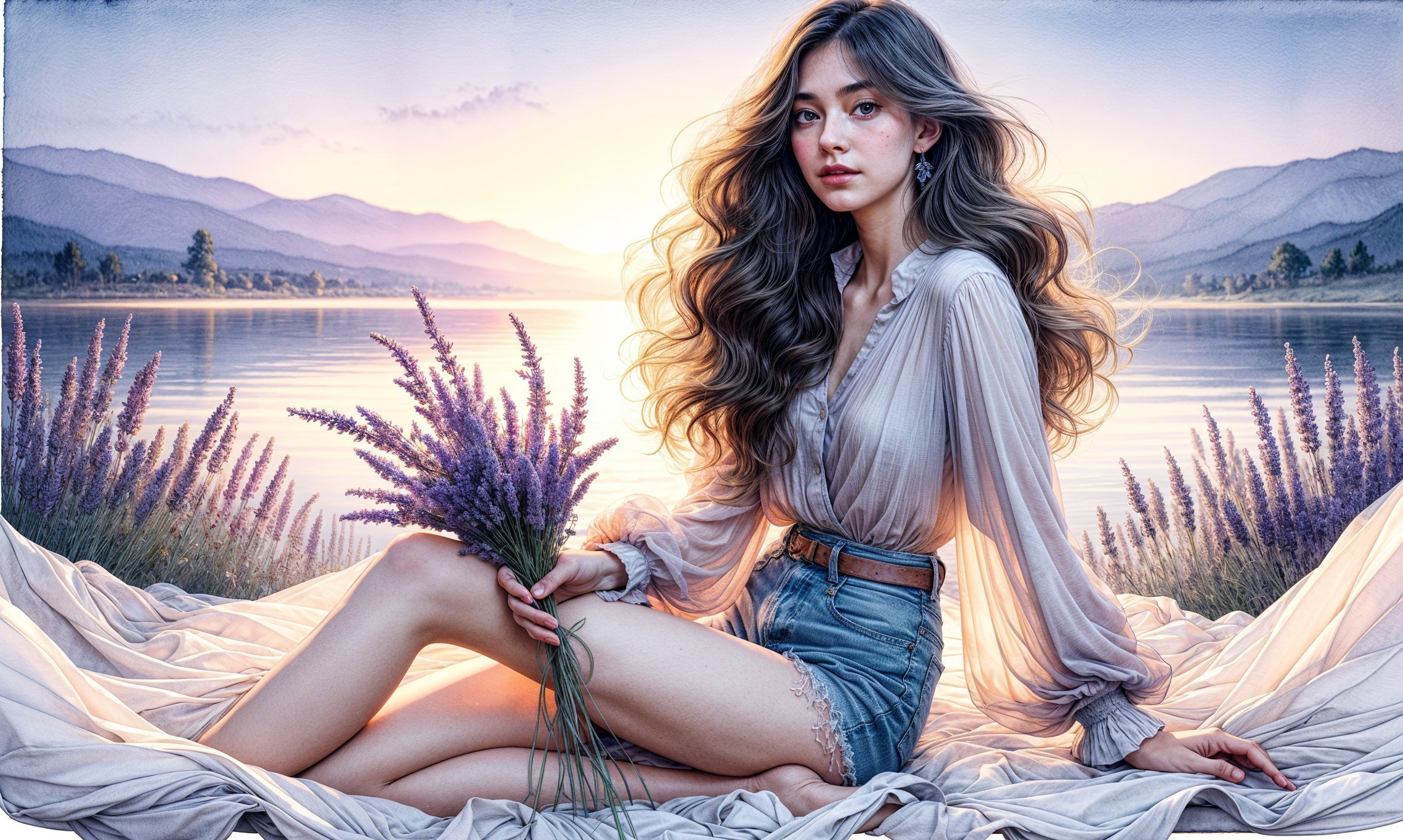 Young Woman by Serene Lakeside with Lavender Bouquet