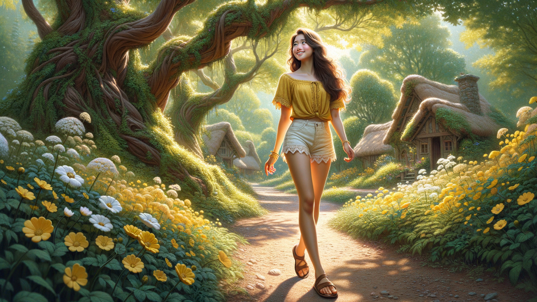 Young Woman Walking in a Sunlit Forest Path