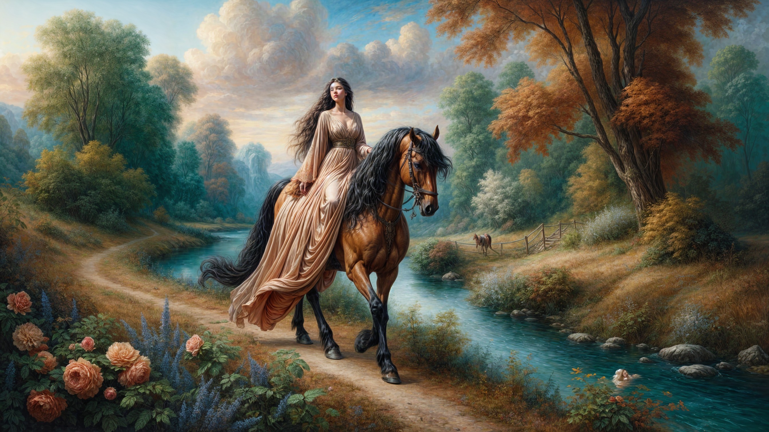 Autumn Landscape with River and Woman on Horseback