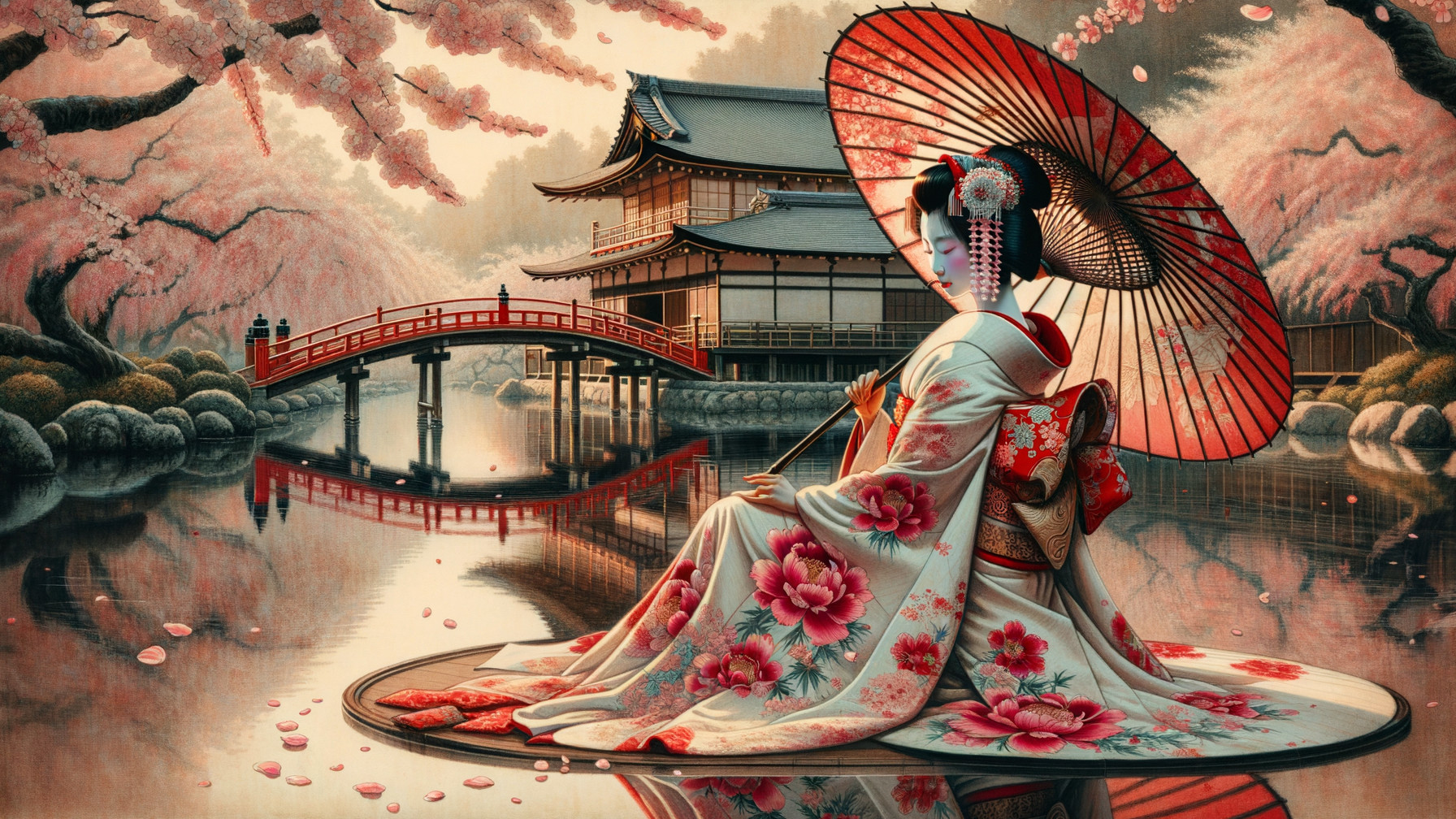 Traditional Japanese Woman by Tranquil Pond and Blossoms