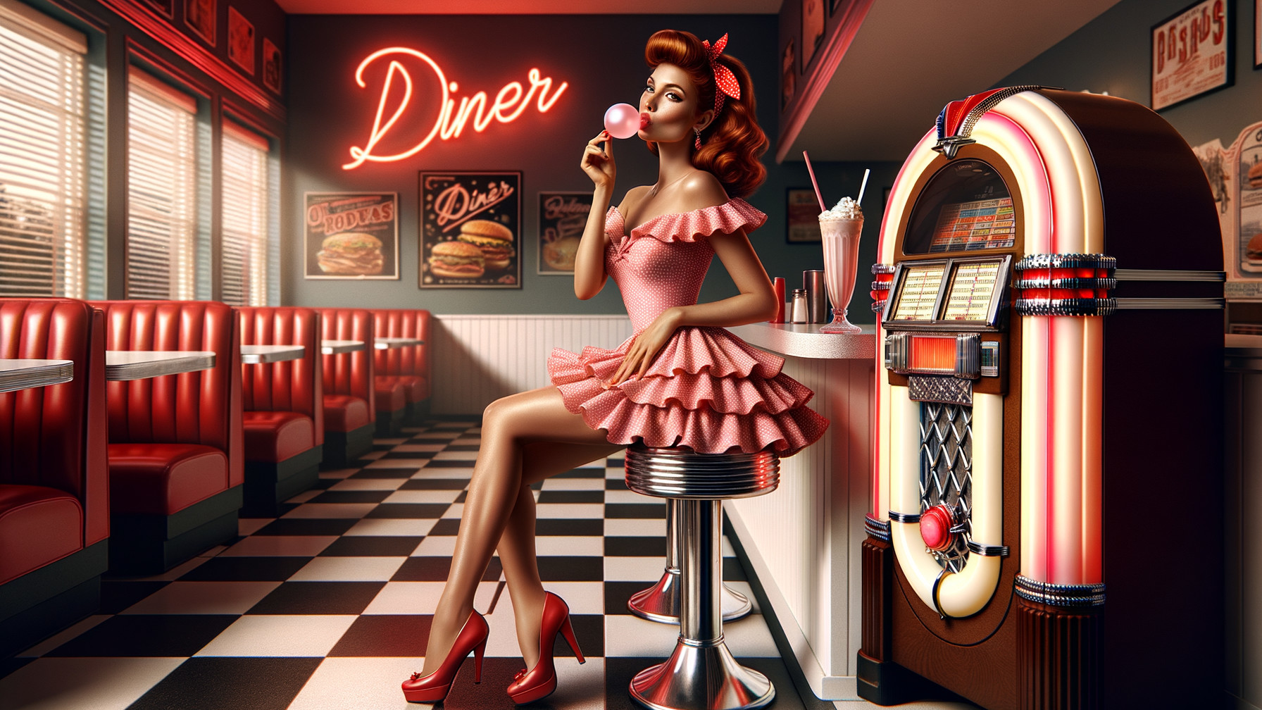Retro Diner Scene with Glamorous Woman in Pink Dress