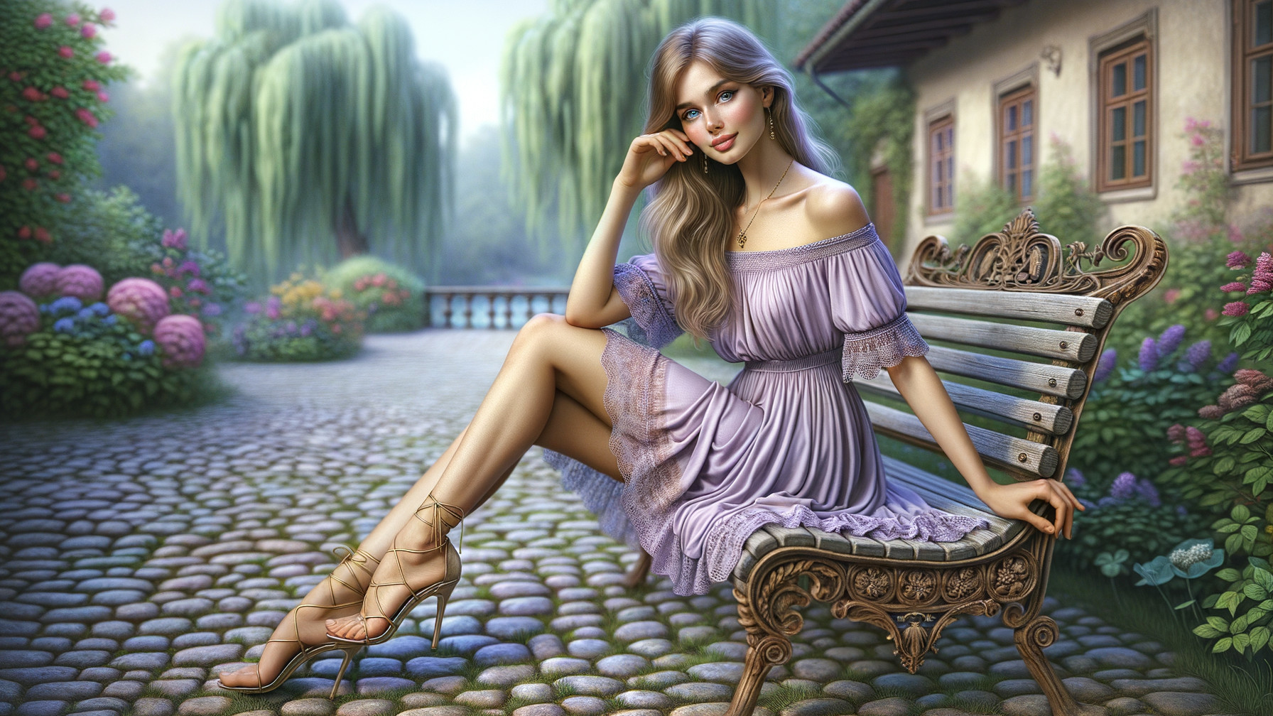 Young woman in lavender dress on garden bench
