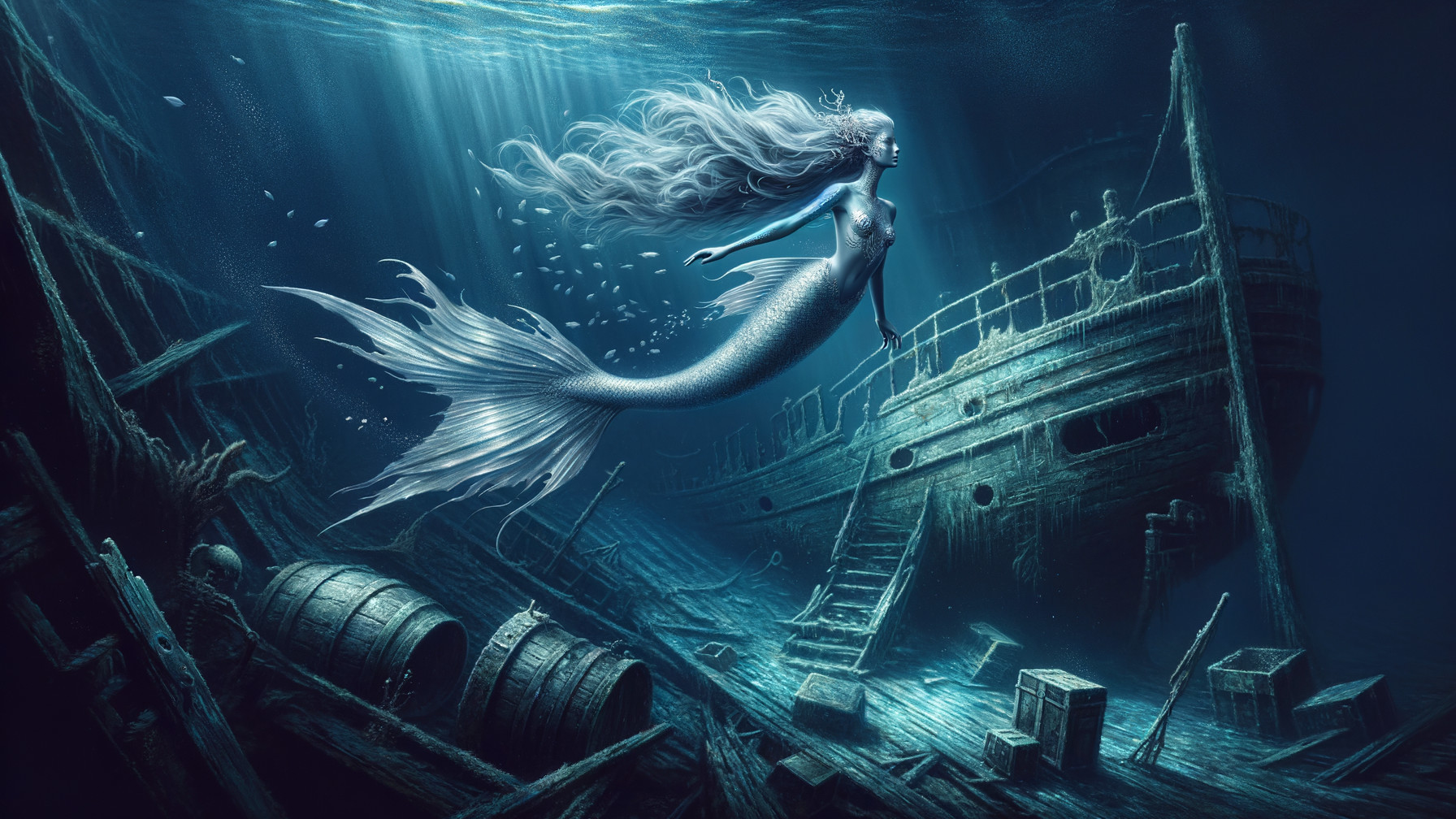 Mystical Underwater Scene with Mermaid and Shipwreck