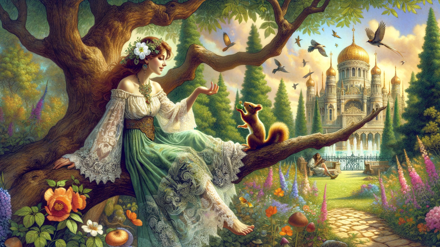 Young woman in flowered garden with squirrel and palace
