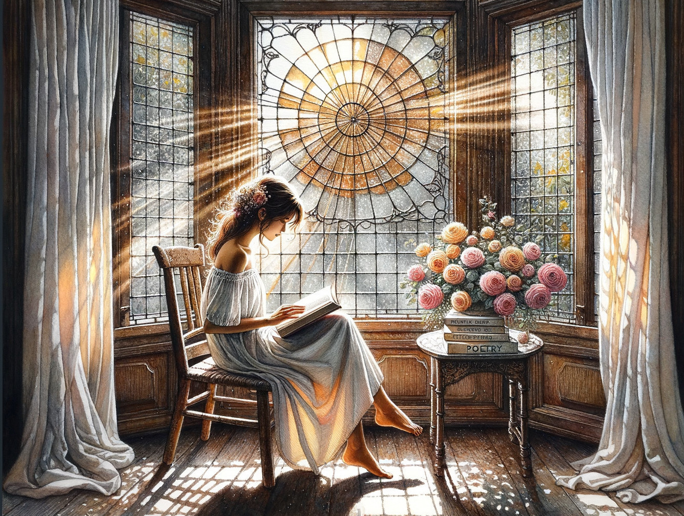 Young Woman Reading in Sunlit Room with Stained Glass